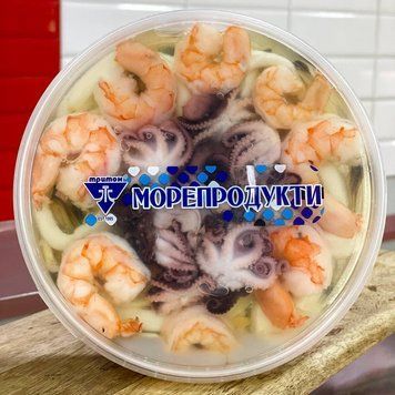 Морський коктейль ФАЙНИЙ (восьминіжки, мідії, кальмар, креветка) в олії 500г &mdash; купити в інтернет-магазині Тритон